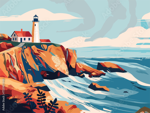 a painting of a lighthouse on a cliff overlooking the ocean