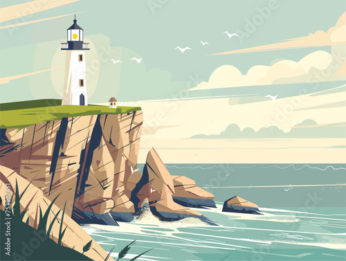 A lighthouse stands on a cliff, watching over the vast ocean under the sky
