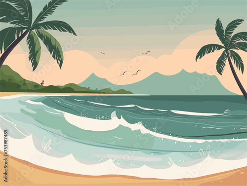 A beach scene with palm trees  mountains  and azure water in the background