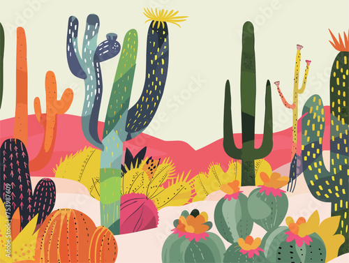 An array of various cactus species in the illustration