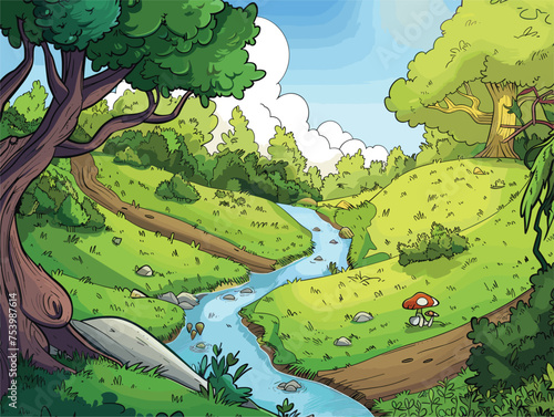 Idyllic cartoon scene of river flowing through lush green forest
