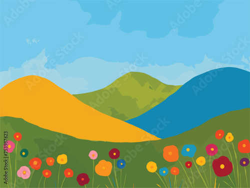 A field of flowers with distant mountains, a beautiful natural landscape