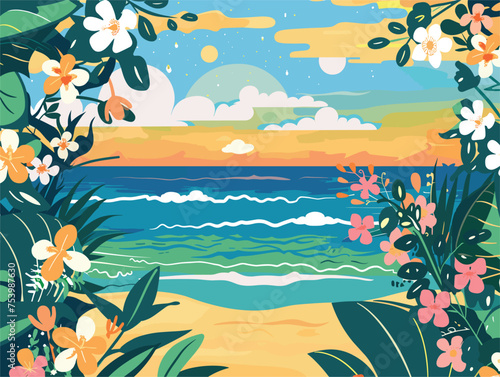 A watercolor painting of a beach with green plants and leaves in the foreground