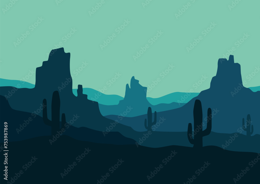 Obraz premium Panoramic view of the desert in America. Vector illustration in flat style.