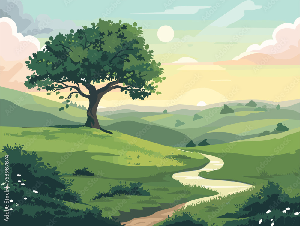 A tree stands on a hill beside a pathway under a sky filled with fluffy clouds A tree stands on a hill beside a pathway under a sky filled with fluffy clouds