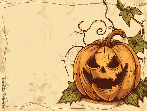 a halloween pumpkin with a face on it is surrounded by leaves and vines
