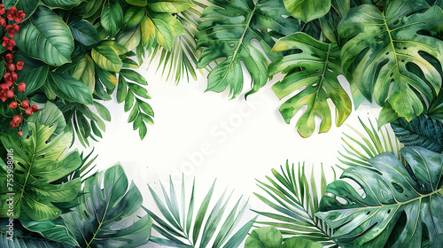 Watercolor banner tropical leaves and branches isolated © Robin