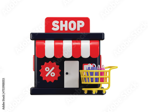 shop icon with shopping cart, shopping beg and discount tag icon 3d rendering vector illustration