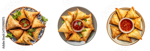 Top down view of a plate with Indian samosas and sauce on transparent background photo