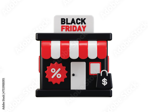 black friday store on a selling offer promotion tag with shopping bag icon 3d rendering vector illustration