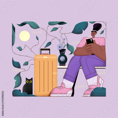 illustration of a woman sitting on a bench with a suitcase next to her photo