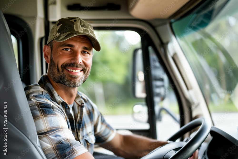 Truck driver, man smiling inside his road transport vehicle with copy space