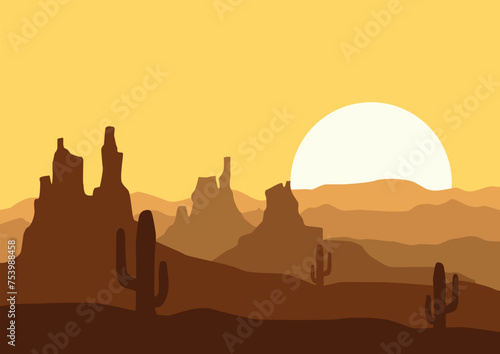 Panoramic view of the desert in America. Vector illustration in flat style.