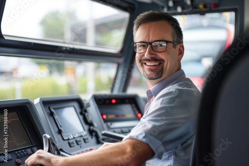 Modern train driver, man at the controls of a public and rapid transit train with copy space © Simn