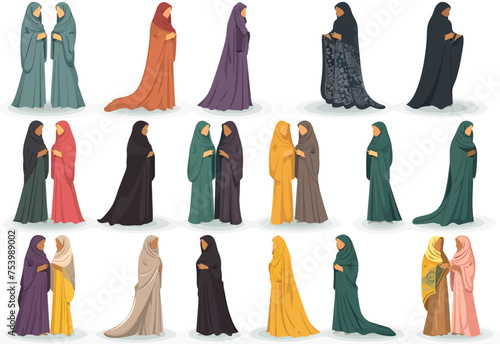 Set of beautiful women in hijab and abaya isolated on white background photo