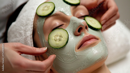 A girl receiving a facial mask treatment with cucumber slices over her eyes