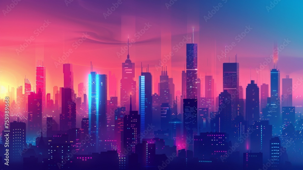 Futuristic city skyline with neon lights and color gradients
