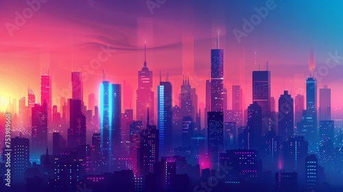 Futuristic city skyline with neon lights and color gradients © furyon