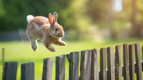 Playful Easter bunny jumping over a fence photo