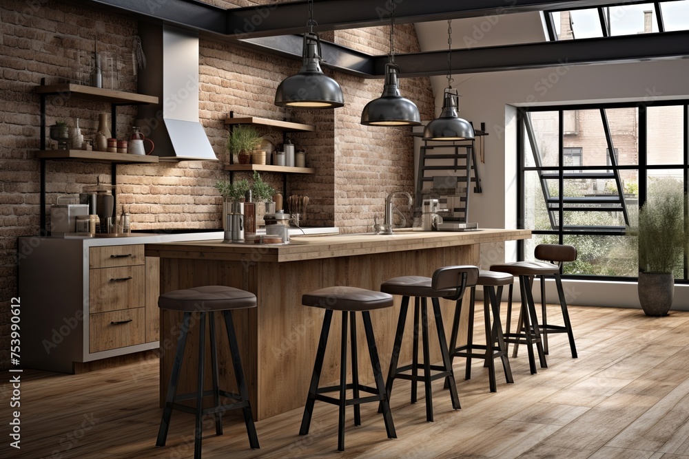 Industrial-Chic Kitchen Design: Pendant Light & Bar Stools Inspiration