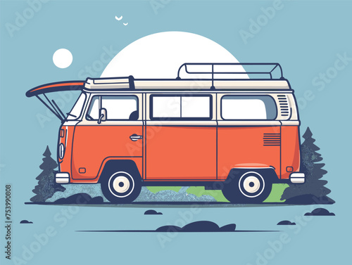 Red van with surfboard on top parked by Automotive lighting