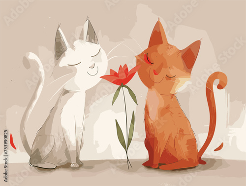 Two Felidae enjoying the scent of a flower, eyes closed in bliss