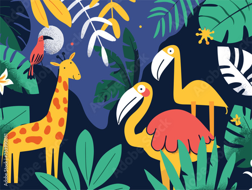Giraffe, flamingo, and bird in the jungle a nature painting