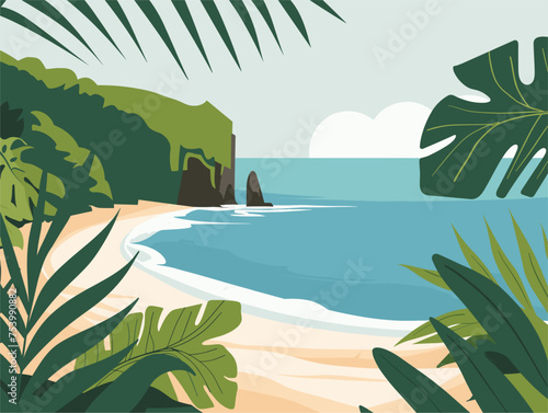 Azure sky, green palm trees, and water surrounding a tropical beach
