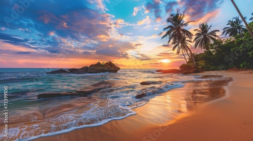 Tropical beach sunset with vibrant colors and light reflections