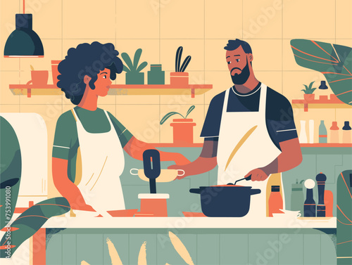 a man and a woman are cooking together in a kitchen