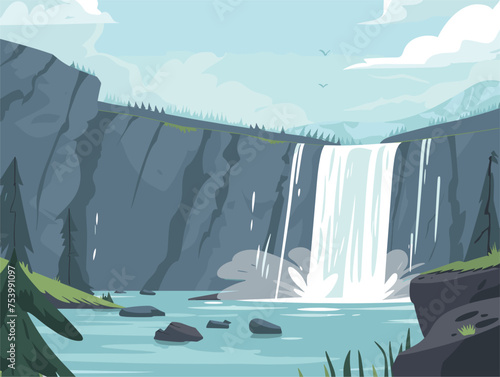 A waterfall in a cartoon surrounded by rocks, trees, and natural landscape