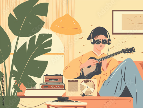 Man on a couch with a guitar, surrounded by houseplants and art, playing music