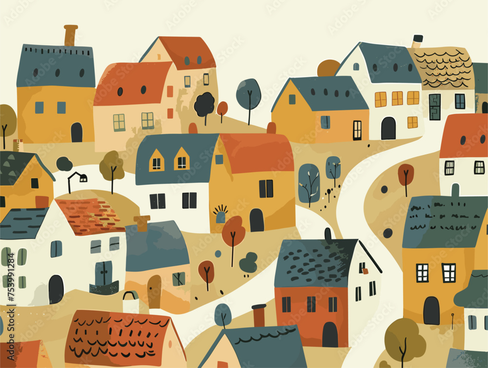a cartoon illustration of a small town with lots of houses and trees
