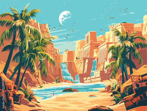 Artistic depiction of a beach with palm trees and buildings against a blue sky