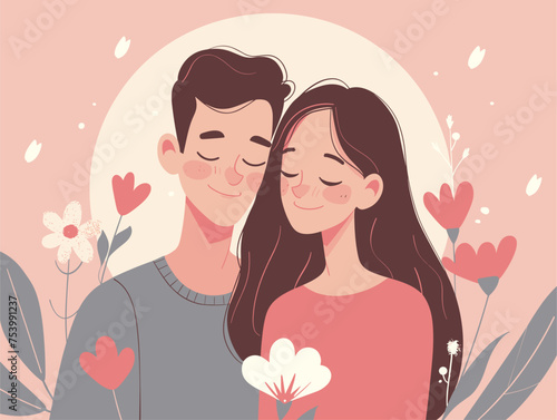 A man and a woman share a happy embrace with flowers in the background