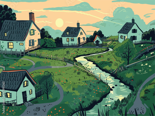 A picturesque village painting with buildings, river, and lush green nature
