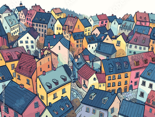 a cartoon drawing of a city with lots of houses