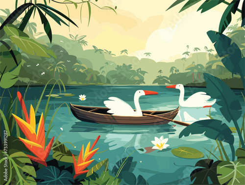 Two swans on a boat in a lake, surrounded by green plants and azure water