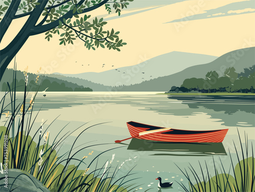 Scenic lake with ducks, boat, and lush plants under a cloudy sky