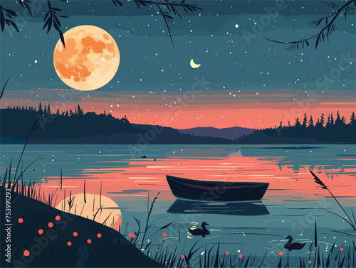 Boat gliding on moonlit lake, surrounded by serene natural landscape