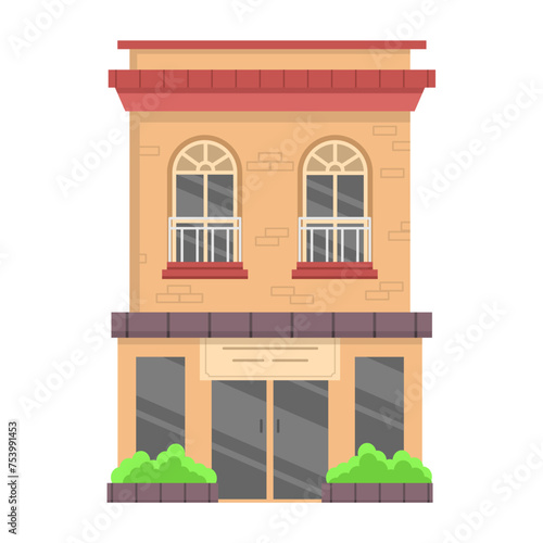 House in street, front view. Front of house with store building vector illustration.