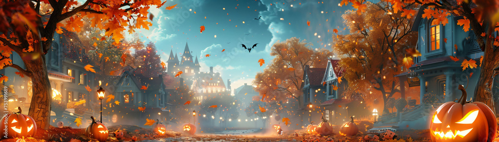 Naklejka premium A magical Halloween evening where 3D cartoon pets collect treats surrounded by a tapestry of falling leaves and houses that echo with ghostly greetings