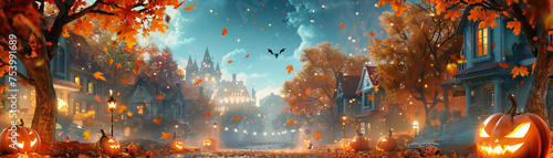A magical Halloween evening where 3D cartoon pets collect treats surrounded by a tapestry of falling leaves and houses that echo with ghostly greetings photo