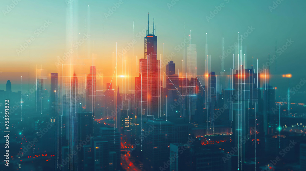 Futuristic city skyline with geometric