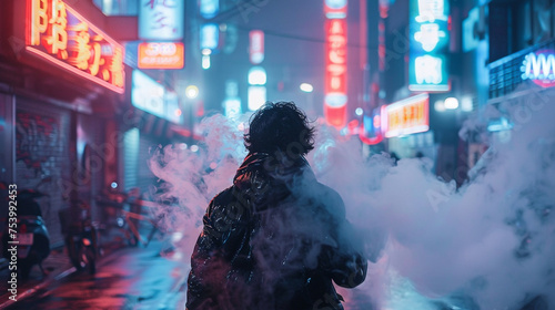 Layers of smoke drifting through the neon-lit night photo