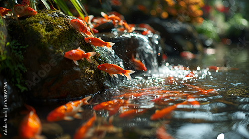Beautiful koi fish in pond in the garden,  Orange small fishes in water on top view. © saeed
