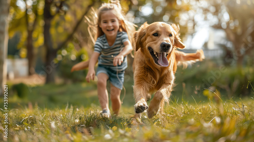 Young girl running with her best friend dog in the park.