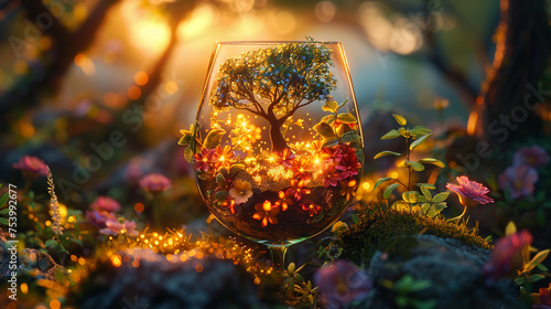 Fantastic forest in a wine glass, neon lights, realistic, glow