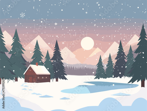 A house in snowy forest with mountains, surrounded by nature