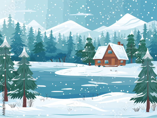 Property with house in snowy forest near lake, surrounded by nature and trees